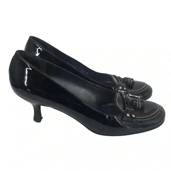STUART WEITZMAN HEELS WOMENS 7.5 BLACK PATENT LEATHER TASSEL KITTEN - Picture 8 of 14